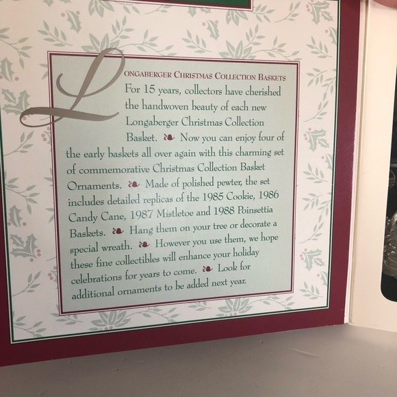 NWT Longaberger Pewter Christmas Collection Basket Ornaments Set of 4 1995 - Picture 4 of 5